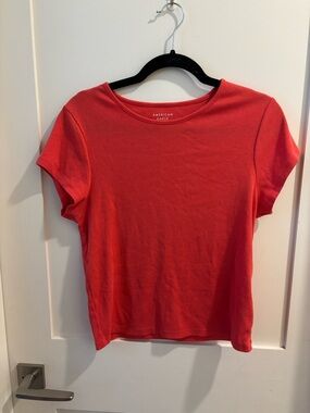 American Eagle Outfitters Coral-Red Ribbed Short Sleeve Tee